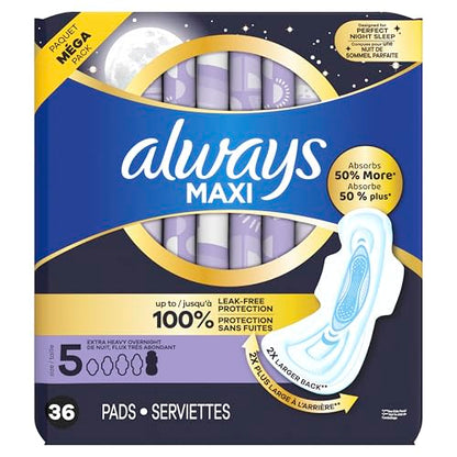 Always Maxi Overnight Damenbinden mit Flügeln, Größe 5, Extra Starker Auslaufschutz für die Nacht, Unparfümiert, 36 Stück