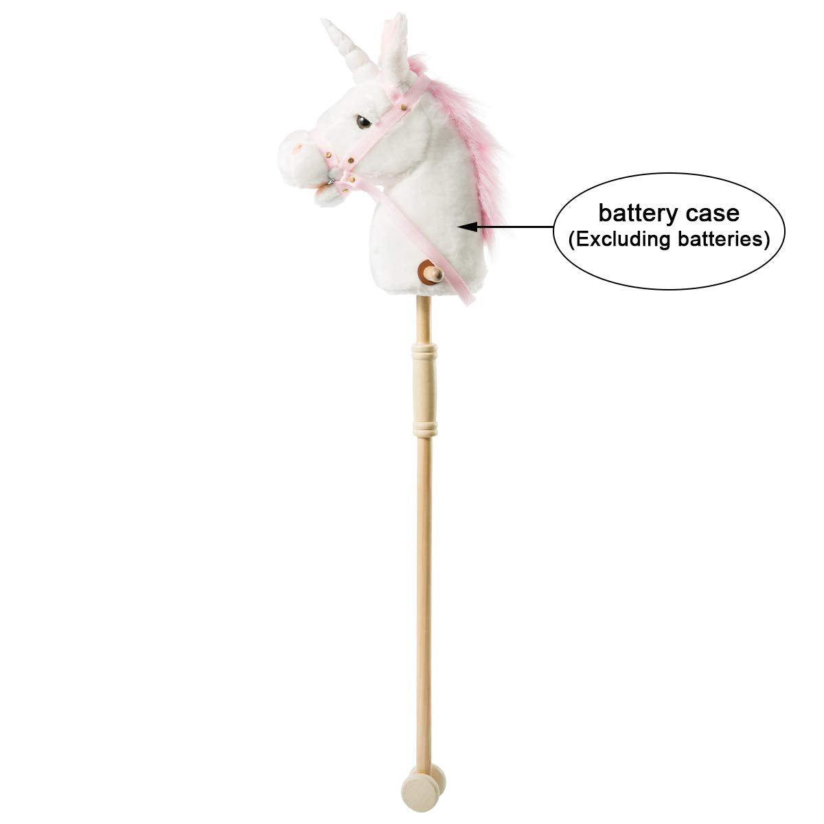 HollyHOME Plüsch Einhorn Steckenpferd mit Holzrädern Echten Pony Wiehern und Galoppieren Geräuschen Plüschtier Rosa 94 cm (AA Batterien Benötigt)