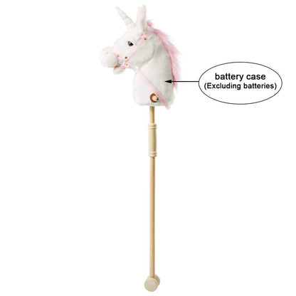 HollyHOME Plüsch Einhorn Steckenpferd mit Holzrädern Echten Pony Wiehern und Galoppieren Geräuschen Plüschtier Rosa 94 cm (AA Batterien Benötigt)