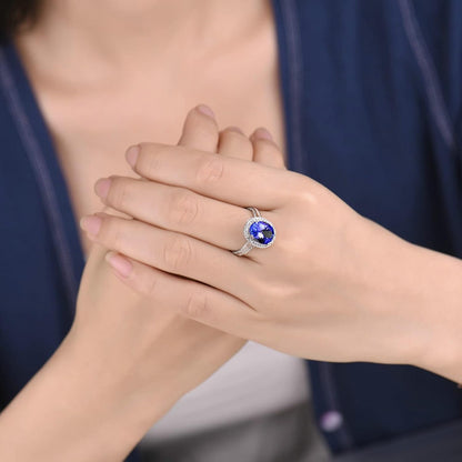 18K White Gold Ring 3.2ct Oval Shape Tanzanite with 0.73ct Diamond Wedding Band for Girls