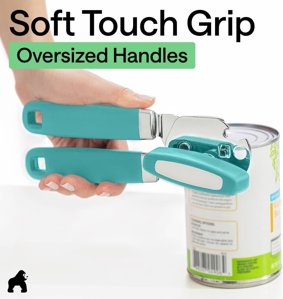 GORILLA GRIP Robuster manueller Dosenöffner, Flaschenöffner aus Edelstahl, öffnet Dosen mühelos, scharfe Klinge mit glattem Schnitt, leicht drehbarer Knopf für Senioren mit Arthritis, Küchenhelfer, Schwarz