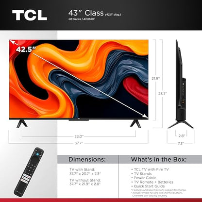 TCL 43-Inch Q6 QLED 4K UHD Smart TV with Fire TV (43Q651F, 2025 Model) Dolby Vision, HDR PRO+, Dolby Atmos, Alexa Built-in with Voice Remote, Apple AirPlay 2 Compatibility, Streaming Television