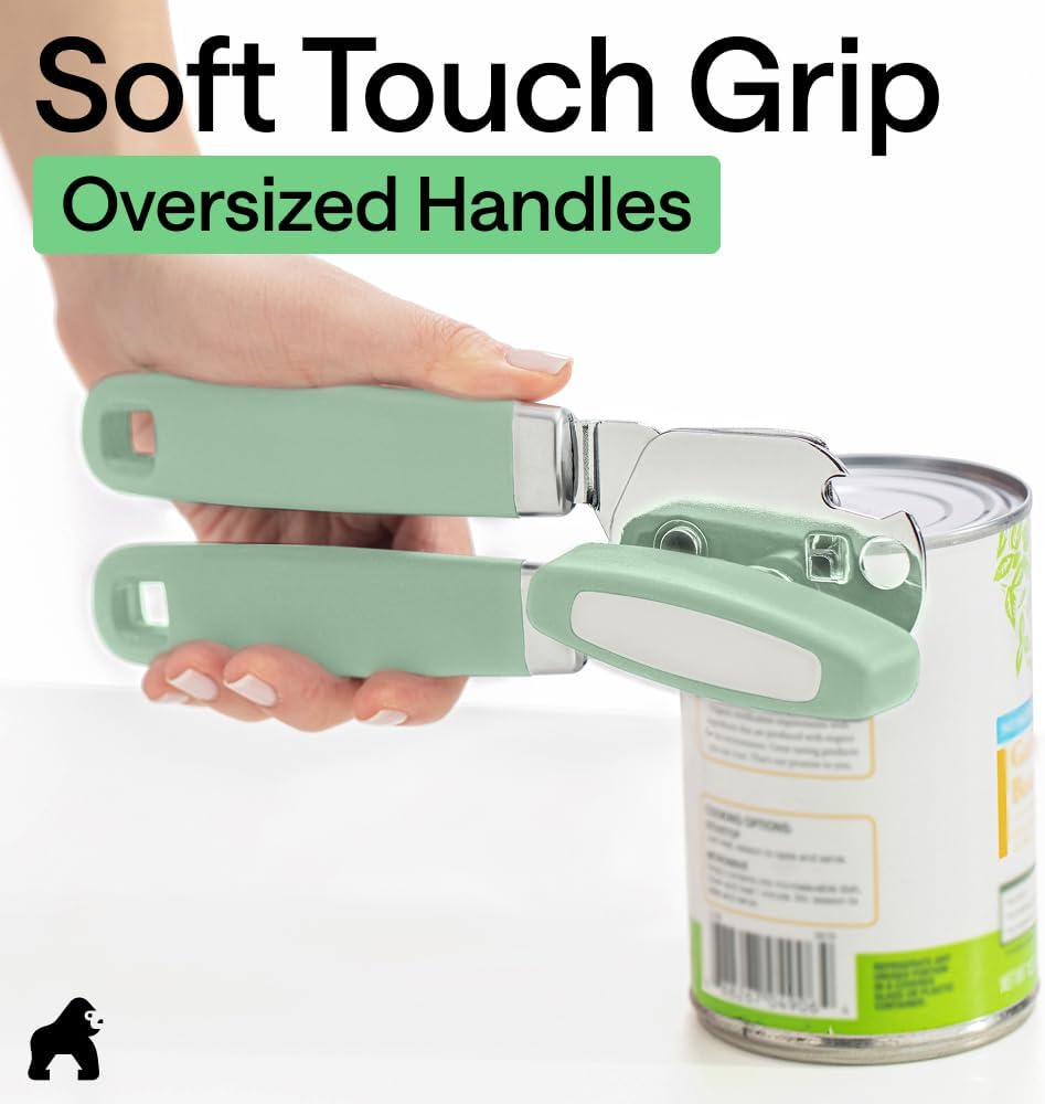 GORILLA GRIP Robuster manueller Dosenöffner, Flaschenöffner aus Edelstahl, öffnet Dosen mühelos, scharfe Klinge mit glattem Schnitt, leicht drehbarer Knopf für Senioren mit Arthritis, Küchenhelfer, Schwarz