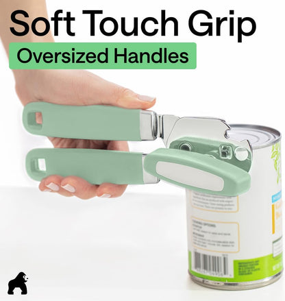 GORILLA GRIP Robuster manueller Dosenöffner, Flaschenöffner aus Edelstahl, öffnet Dosen mühelos, scharfe Klinge mit glattem Schnitt, leicht drehbarer Knopf für Senioren mit Arthritis, Küchenhelfer, Schwarz