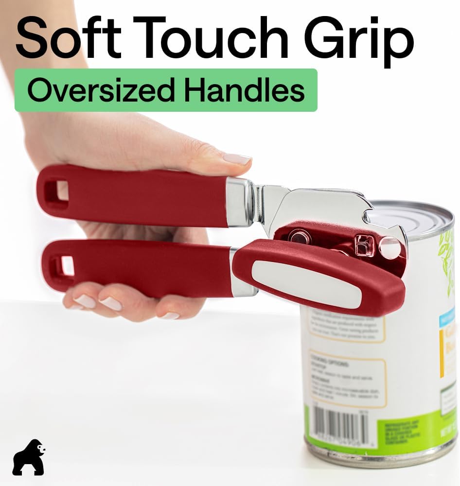 GORILLA GRIP Robuster manueller Dosenöffner, Flaschenöffner aus Edelstahl, öffnet Dosen mühelos, scharfe Klinge mit glattem Schnitt, leicht drehbarer Knopf für Senioren mit Arthritis, Küchenhelfer, Schwarz