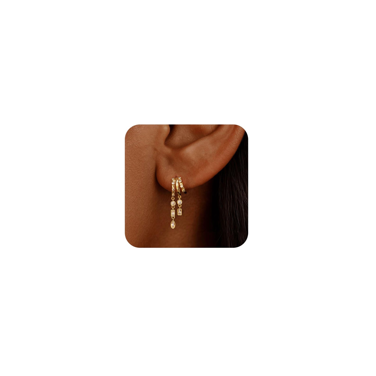 Dangle Earrings for Women,14k Gold Plated Triple Huggie Stud Earrings Cute Statement Chain Earring Dainty Drop Earrings for Women Trendy Gold Plated Jewelry
