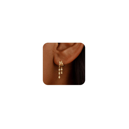 Dangle Earrings for Women,14k Gold Plated Triple Huggie Stud Earrings Cute Statement Chain Earring Dainty Drop Earrings for Women Trendy Gold Plated Jewelry