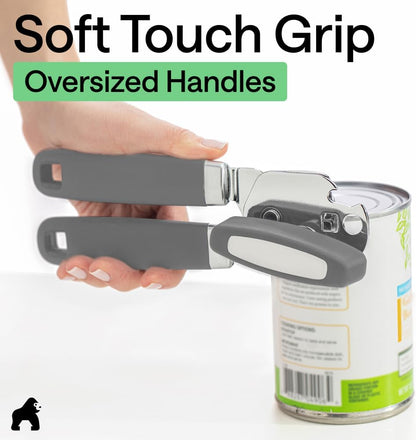 GORILLA GRIP Robuster manueller Dosenöffner, Flaschenöffner aus Edelstahl, öffnet Dosen mühelos, scharfe Klinge mit glattem Schnitt, leicht drehbarer Knopf für Senioren mit Arthritis, Küchenhelfer, Schwarz