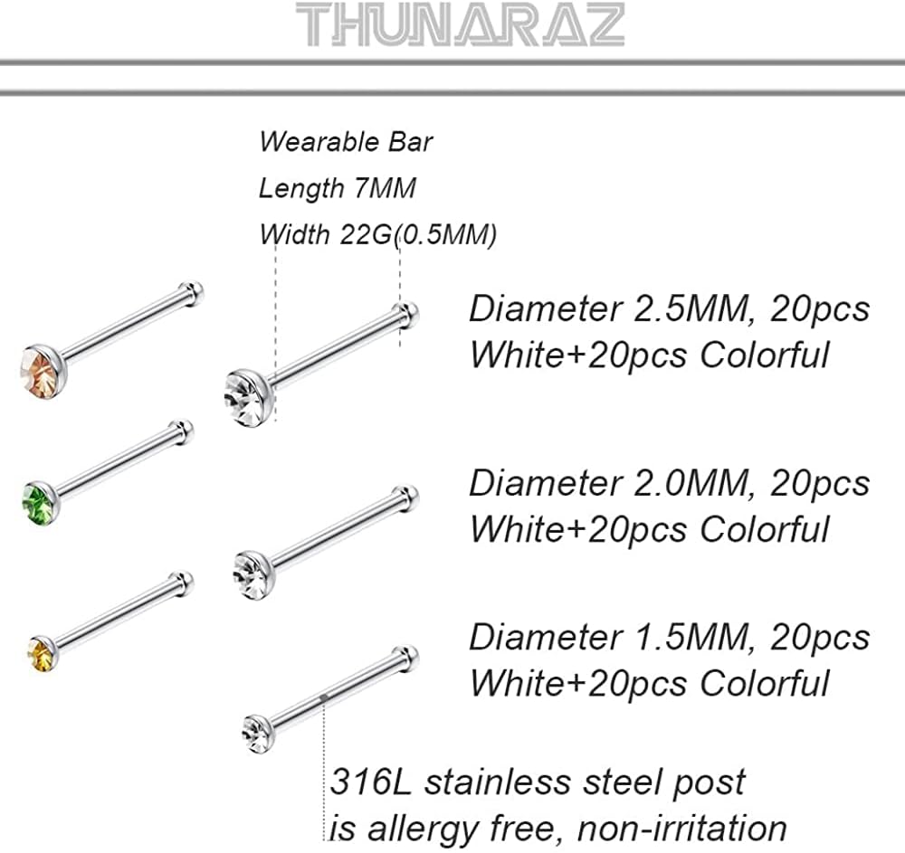 Thunaraz 60-120 Stück Edelstahl Nasenpiercing Ringe Stecker Körperschmuck 20G-22G 1.5mm 2mm 2.5mm
