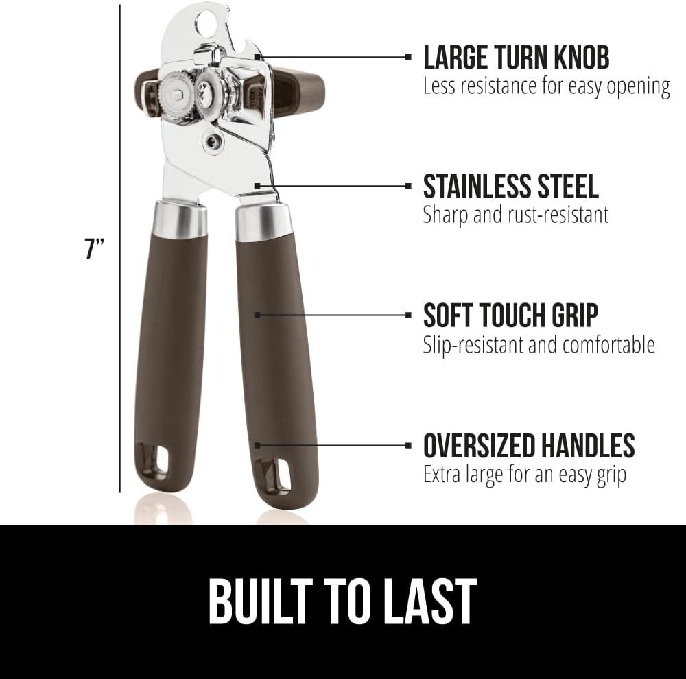 GORILLA GRIP Robuster manueller Dosenöffner, Flaschenöffner aus Edelstahl, öffnet Dosen mühelos, scharfe Klinge mit glattem Schnitt, leicht drehbarer Knopf für Senioren mit Arthritis, Küchenhelfer, Schwarz