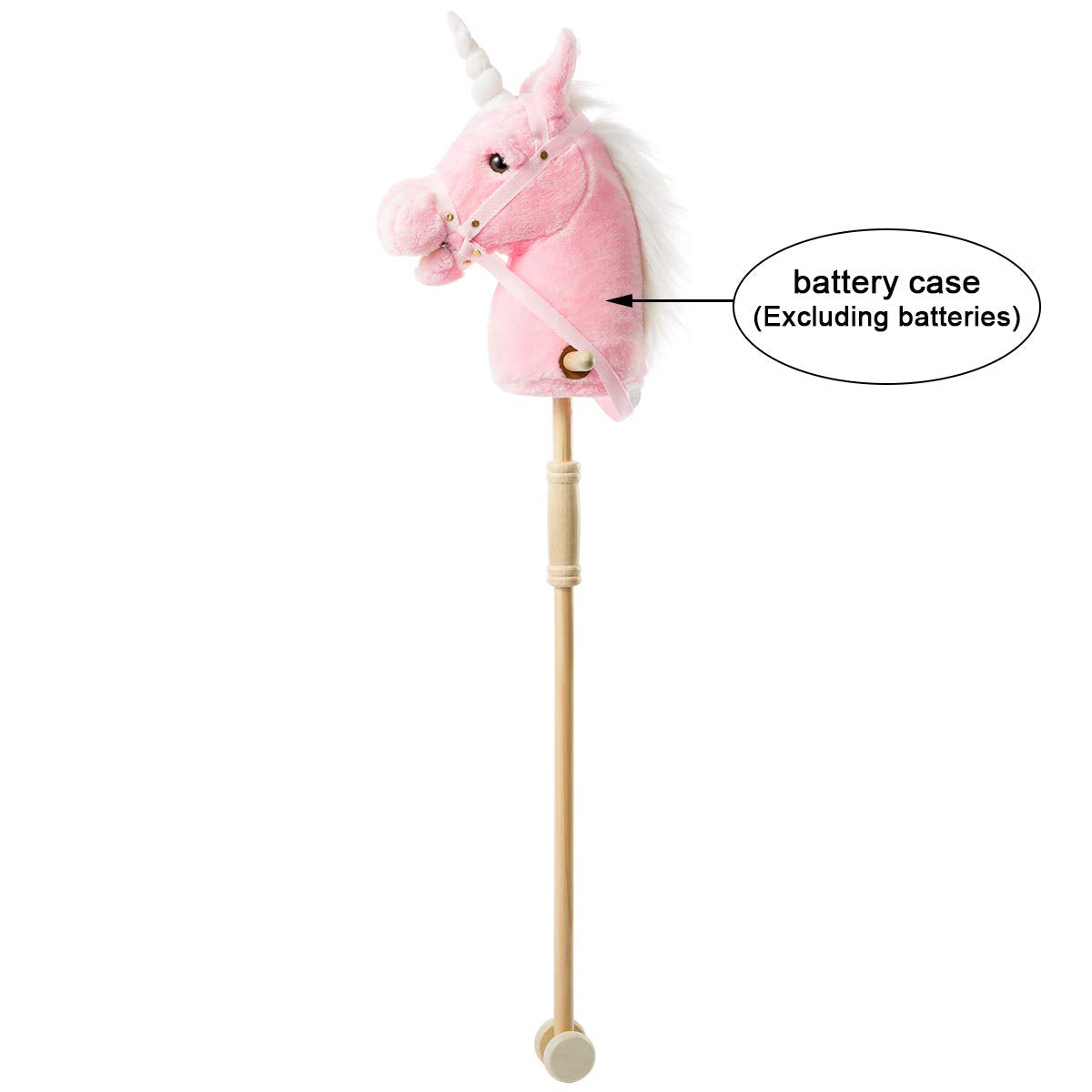 HollyHOME Plüsch Einhorn Steckenpferd mit Holzrädern Echten Pony Wiehern und Galoppieren Geräuschen Plüschtier Rosa 94 cm (AA Batterien Benötigt)