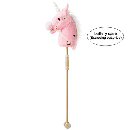 HollyHOME Plüsch Einhorn Steckenpferd mit Holzrädern Echten Pony Wiehern und Galoppieren Geräuschen Plüschtier Rosa 94 cm (AA Batterien Benötigt)