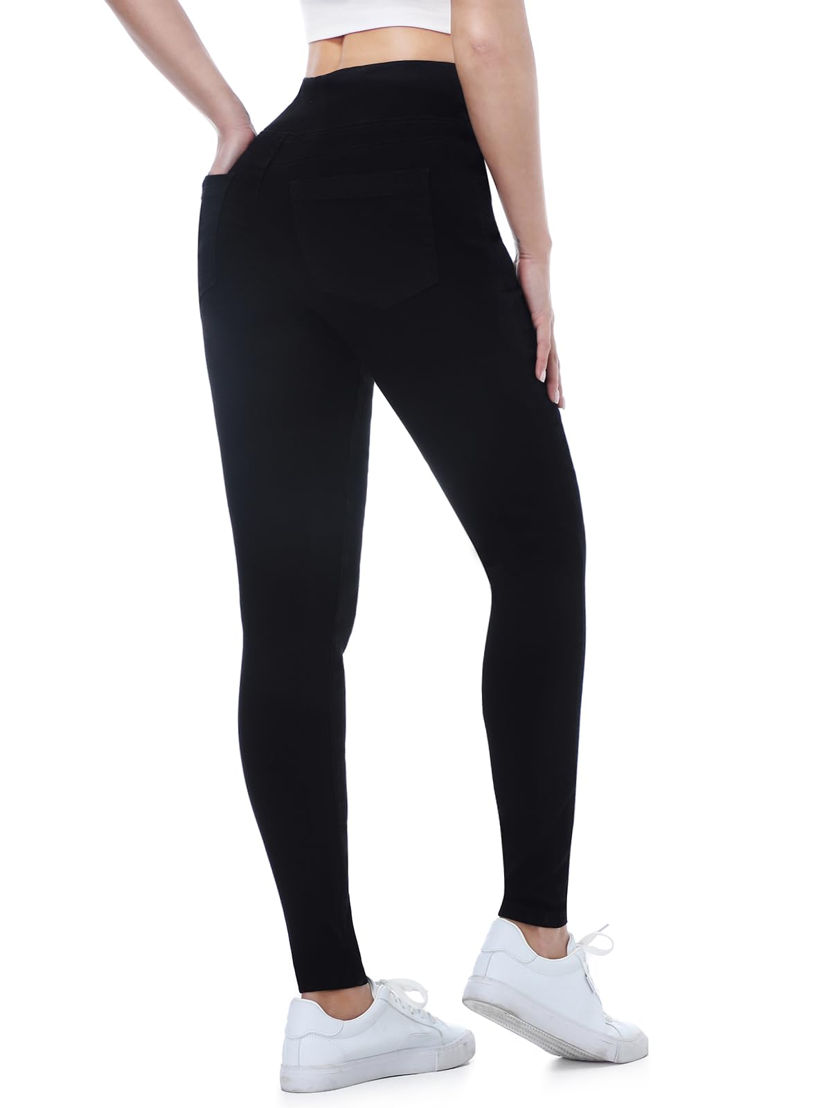 Chasehot Pull-On Skinny Jeans für Damen, dehnbare High-Waist Leggings, trendige Bauchkontrolle, Denim-Jeggings mit Taschen, Dark Wash-L
