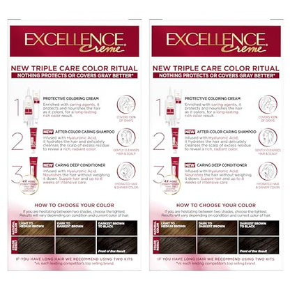 L'Oréal Paris Excellence Crème Permanente Haarfarbe, dreifache Pflegehaarfarbe mit Hyaluronsäure für 100% Grauabdeckung, 4AR Dunkles Schokobraun, 1 Packung (Verpackung kann variieren)