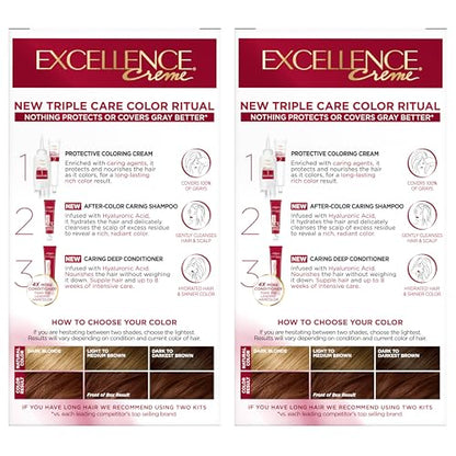 L'Oréal Paris Excellence Crème Permanente Haarfarbe, dreifache Pflegehaarfarbe mit Hyaluronsäure für 100% Grauabdeckung, 4AR Dunkles Schokobraun, 1 Packung (Verpackung kann variieren)