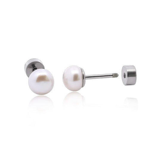 limerencia Hypoallergenic F136 Titanium Screw In Pearl Flat Back Sleeper Earrings Implant Grade 20G Tiny Studs For Sensitive Ears(5mm pearl)