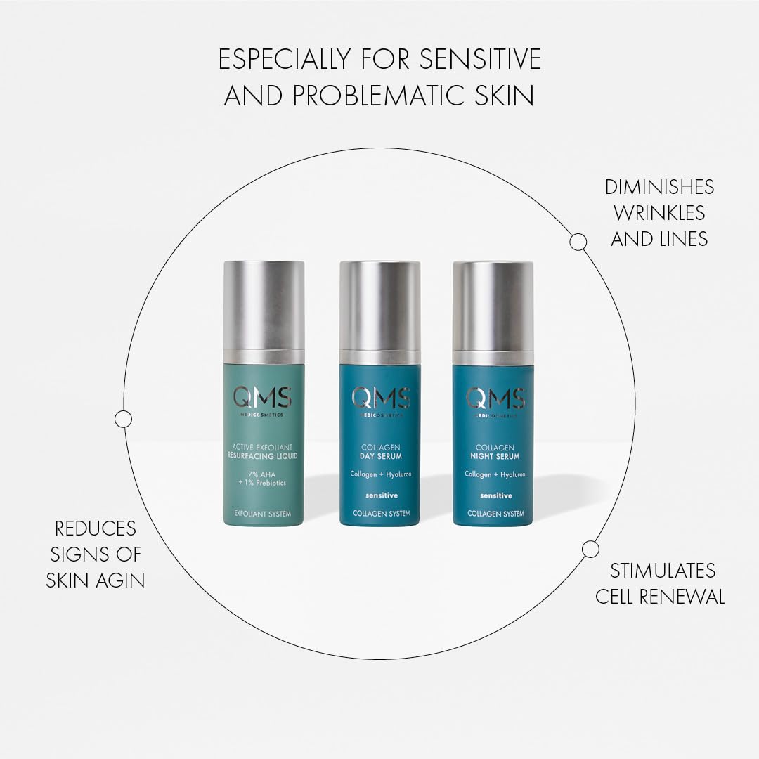 QMS Medicosmetics Day + Night 3-Step Core Routine – Includes Collagen Day Serum, Collagen Night Serum + 10% AHA Exfoliant Resurfacing Liquid – Diminishes Lines + Wrinkles + Reduces Signs of Aging