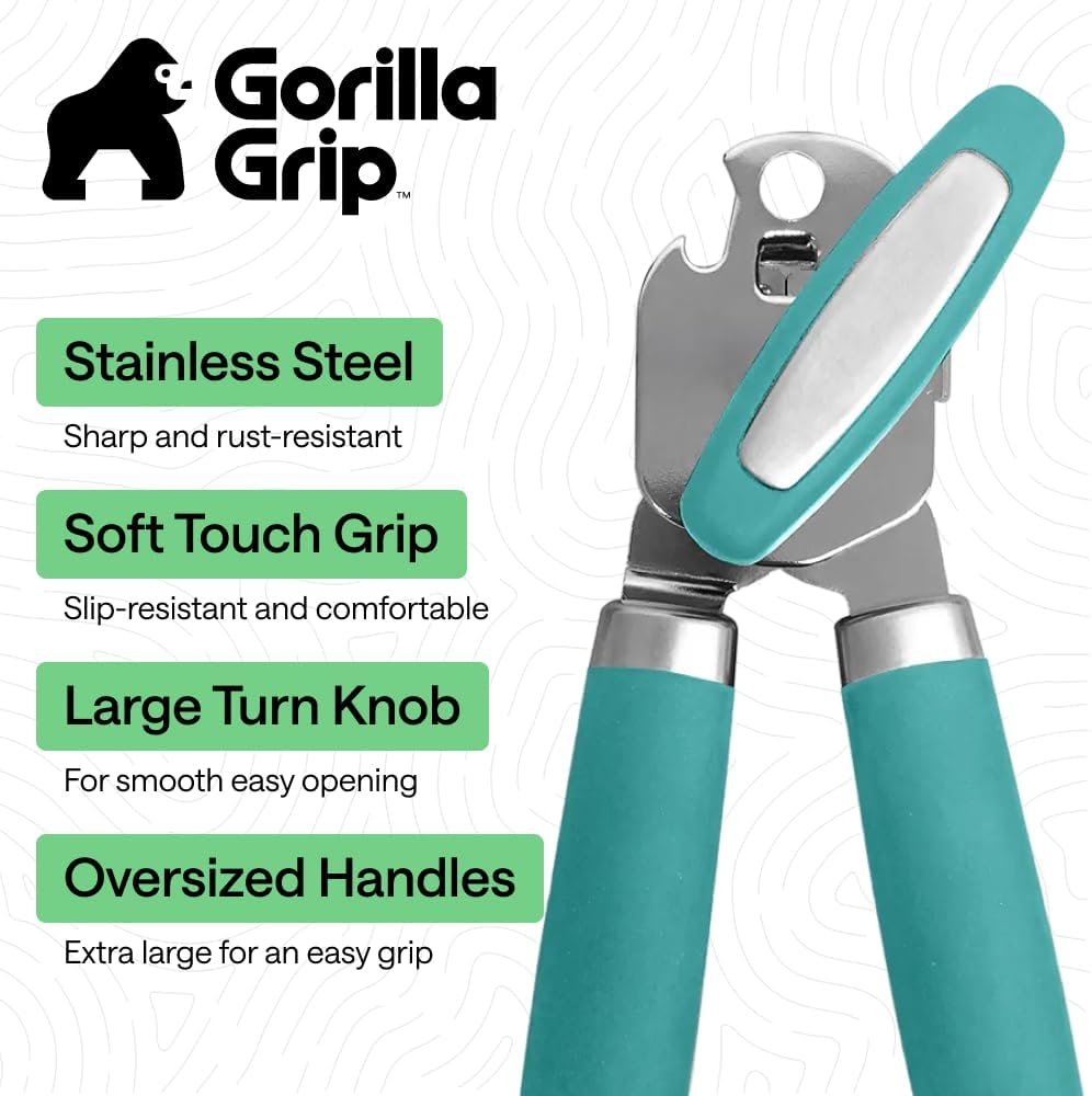 GORILLA GRIP Robuster manueller Dosenöffner, Flaschenöffner aus Edelstahl, öffnet Dosen mühelos, scharfe Klinge mit glattem Schnitt, leicht drehbarer Knopf für Senioren mit Arthritis, Küchenhelfer, Schwarz