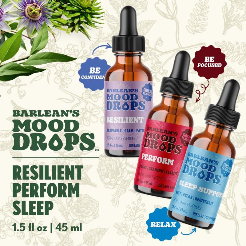Barlean's Mood Booster Supplement Bundle, Perform, Resilient and Sleep Liquid Drop Supplements for Men and Women, Adaptogen Herbs Drops, 1.5 oz