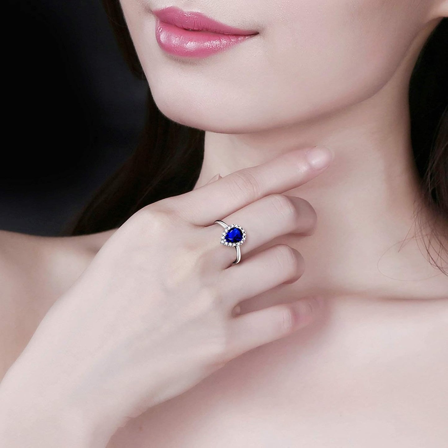 Aienid 18Ct White Gold Women Ring Big Teardrop Pear Cut Sapphire with White Diamond Wedding Rings for Women