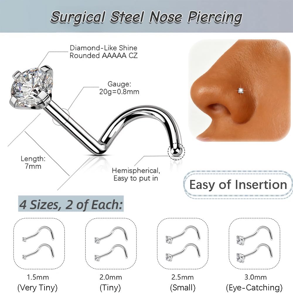 316L Chirurgischer Edelstahl 20g Nasenstecker Hypoallergen - Diamantähnlicher Glanz Zirkonia Korkenzieher Nasenringe 8 Stk., Für Männer: 8 Stk./20g/1.5/2.0/2.5/3.0mm, Edelstahl Zirkonia, Zirkonia