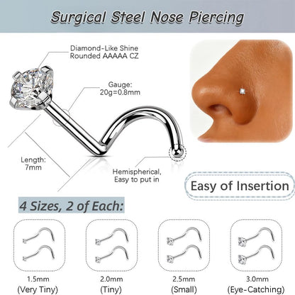 316L Chirurgischer Edelstahl 20g Nasenstecker Hypoallergen - Diamantähnlicher Glanz Zirkonia Korkenzieher Nasenringe 8 Stk., Für Männer: 8 Stk./20g/1.5/2.0/2.5/3.0mm, Edelstahl Zirkonia, Zirkonia