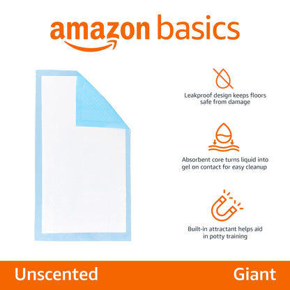 Amazon Basics Leak-Proof Dog and Puppy Potty Training Pee Pads with Quick-Dry 5-Layer Super Absorbent Design for Housebreaking, Regular Size 22x22", Blue & White, 150 Count