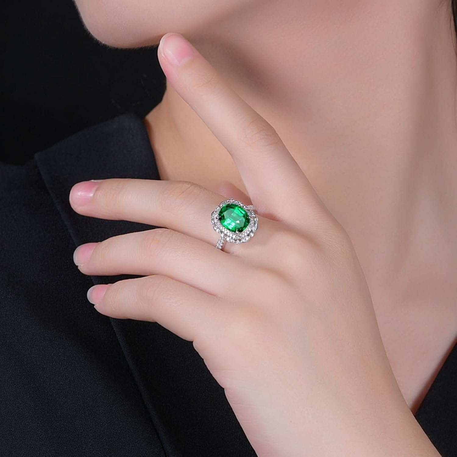 AMDXD 18K White Gold Rings for Girls, Unique Womens Jewelry Green Emerald 3.52ct with White Diamond Womens Ring, 6.5, 18K white gold, Cubic Zirconia