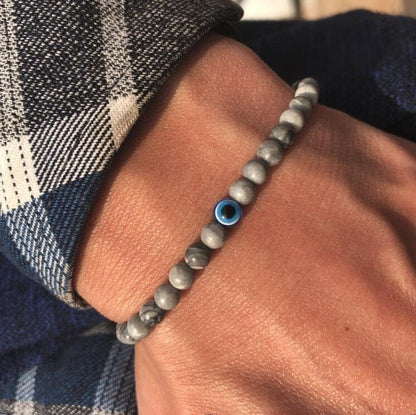 6 mm Böses Auge Armband aus schwarzen Kristallen – verstellbares Set aus Natursteinen für Herren und Damen, Schutzamulett als Geschenk für den Alltag/Geburtstag/Jahrestag