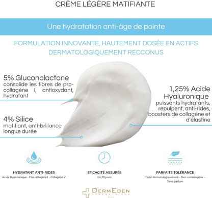 DERMEDEN DermEden Laboratories - Light Mattifying Face Cream - 50 ml - Pro-Collagen inducing treatment - Advanced Anti-aging Moisturizer - Mattifying - Effectiveness tested - French manufacturing