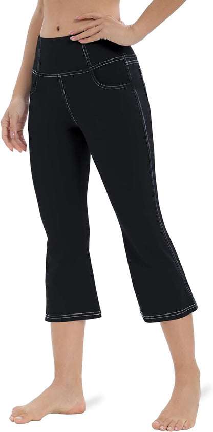 VOOVEEYA Lässige Bootcut Yoga-Hose für Damen, 4 Taschen – Schlagleggings, High Waist, Bauchkontrolle, Bootleg-Arbeitshose
