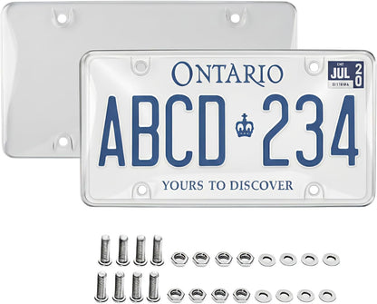 2-Pack Clear License Plate Cover, Unbreakable Bubble Shield for US/Canada Car Tag, UV Protection, Heavy Duty License Plate Protector, Universal Fit (Screws Included)