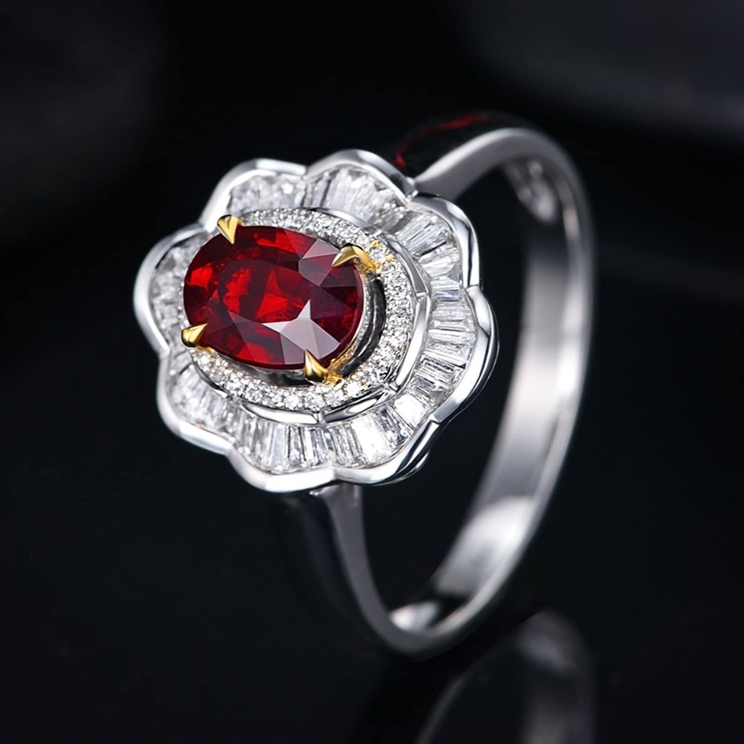 AMDXD 18K White Gold Rings for Girls, Flower Wedding Band for Women Red Ruby 0.76ct with White Diamond Womens Ring, 8, 18K white gold, cubic-zirconia