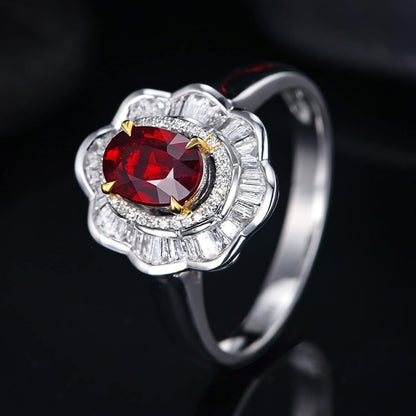 AMDXD 18K White Gold Rings for Girls, Flower Wedding Band for Women Red Ruby 0.76ct with White Diamond Womens Ring, 5.5, 18K white gold, cubic-zirconia