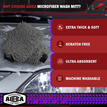 AIDEA Car Wash Mitt Microfiber, 2PK Scratch Free Lint-Free, Premium Chenille Microfiber Mitt Car Wash Brush, Green, Regular Size 7.12''X10.14''