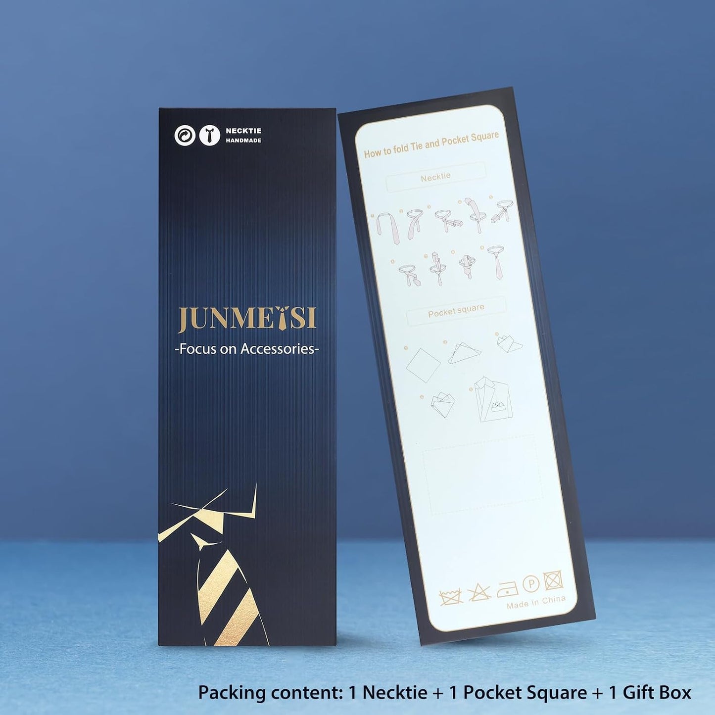 JUNMEISI Black Tie Set in Gift Box Mens Solid Color 3.15" (8CM) Black Necktie and Pocket Square Set