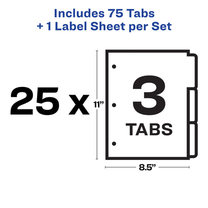 Avery 3-Tab Dividers for 3 Ring Binder, Easy Print & Apply Clear Label Strip, Index Maker Customizable White Tabs, 25 Sets (11445)