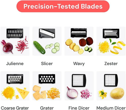 Fullstar Gemüsehacker und Mandolinenschneider - Julienne-Schneider, Würfelschneider, Reibe für Lebensmittel, Gemüse, Zwiebeln, Gurken, Tomaten, Salat, Kartoffeln, Käse - Küchenutensilien & Gadgets (Kompakt 6-in-1, Weiß)