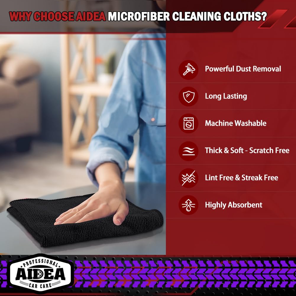 AIDEA Microfiber Cleaning Cloths-50PK, Microfiber Towels for Cars, Premium All-Purpose Car Cloth, Dusting Cleaning Rags, Absorbent Towels for SUVs, House, Kitchen, Window, Gift-12×12"