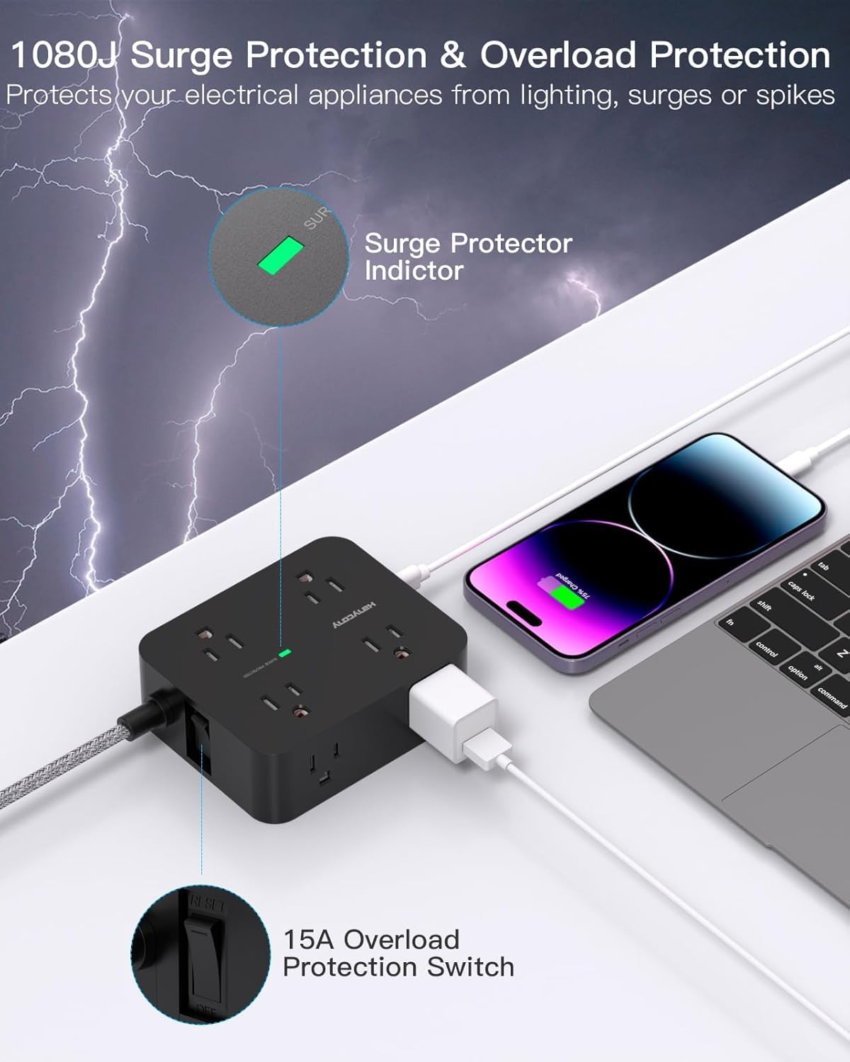 Surge Protector Power Bar - 8 Outlets 4 USB Charging Ports(2 USB C), Power Strip with 5Ft Braided Extension Cord, Flat Plug, Wall Mount Desk USB C Charging Station for Home Office College Essentials