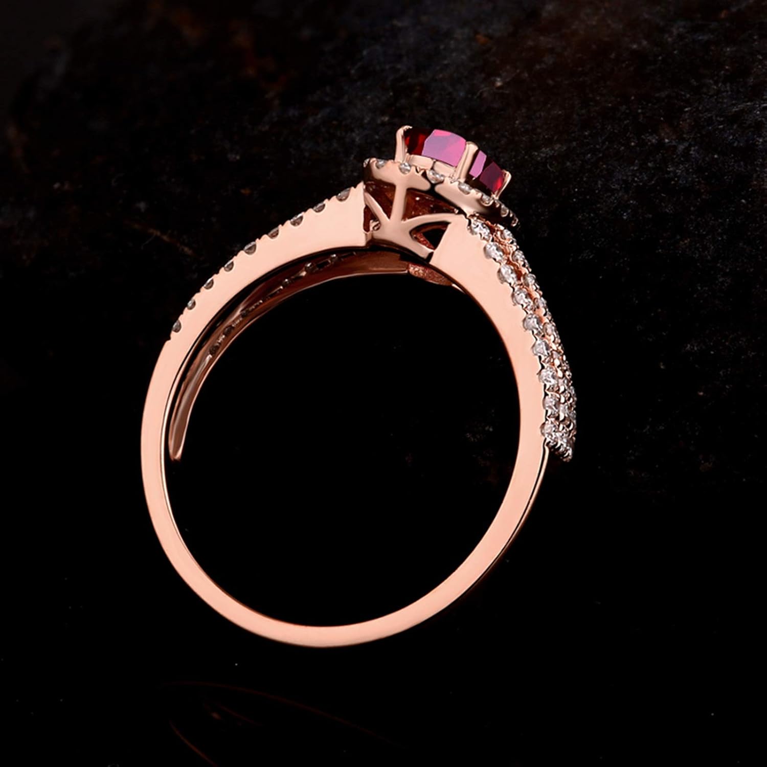 Aienid 18Ct Rose Gold Engagement Rings for Women Gold Diamond 0.45Ct Three Lines with Round Diamond and Oval Ruby Wedding Rings for Women
