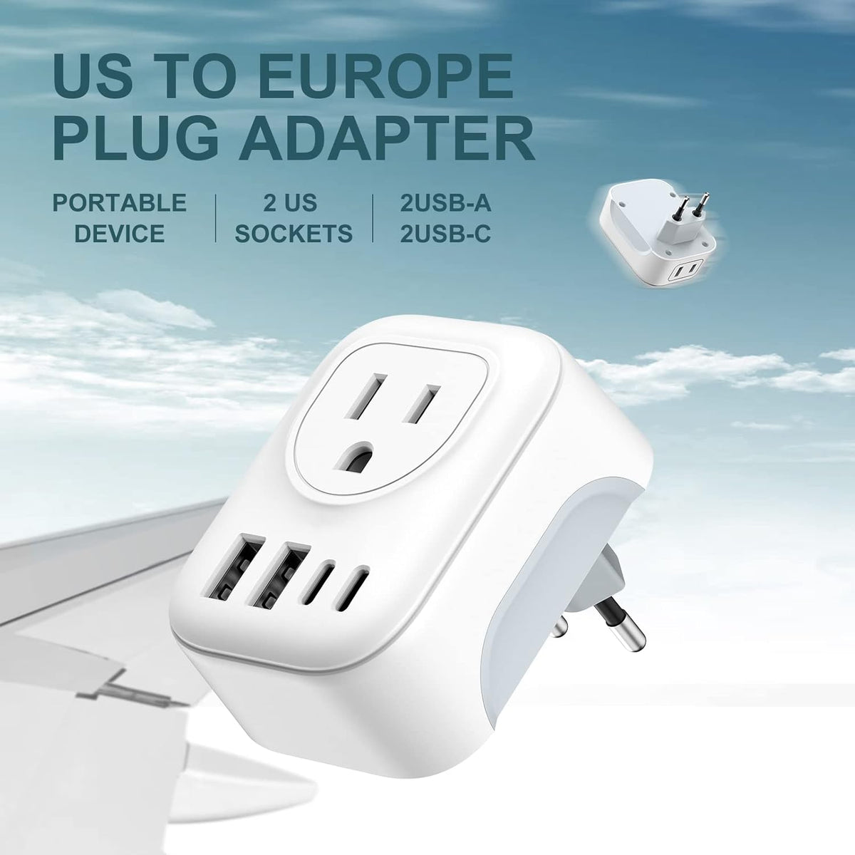 2 Pack European Travel Plug Adapter, VYLEE International Travel Adapter with 2 Outlets 4 USB Ports(2 USB C), 6 in 1 Type C Travel Essentials Charger for US to Most of Europe EU Italy Spain France
