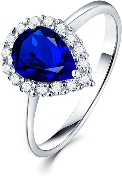 Aienid 18Ct White Gold Women Ring Big Teardrop Pear Cut Sapphire with White Diamond Wedding Rings for Women
