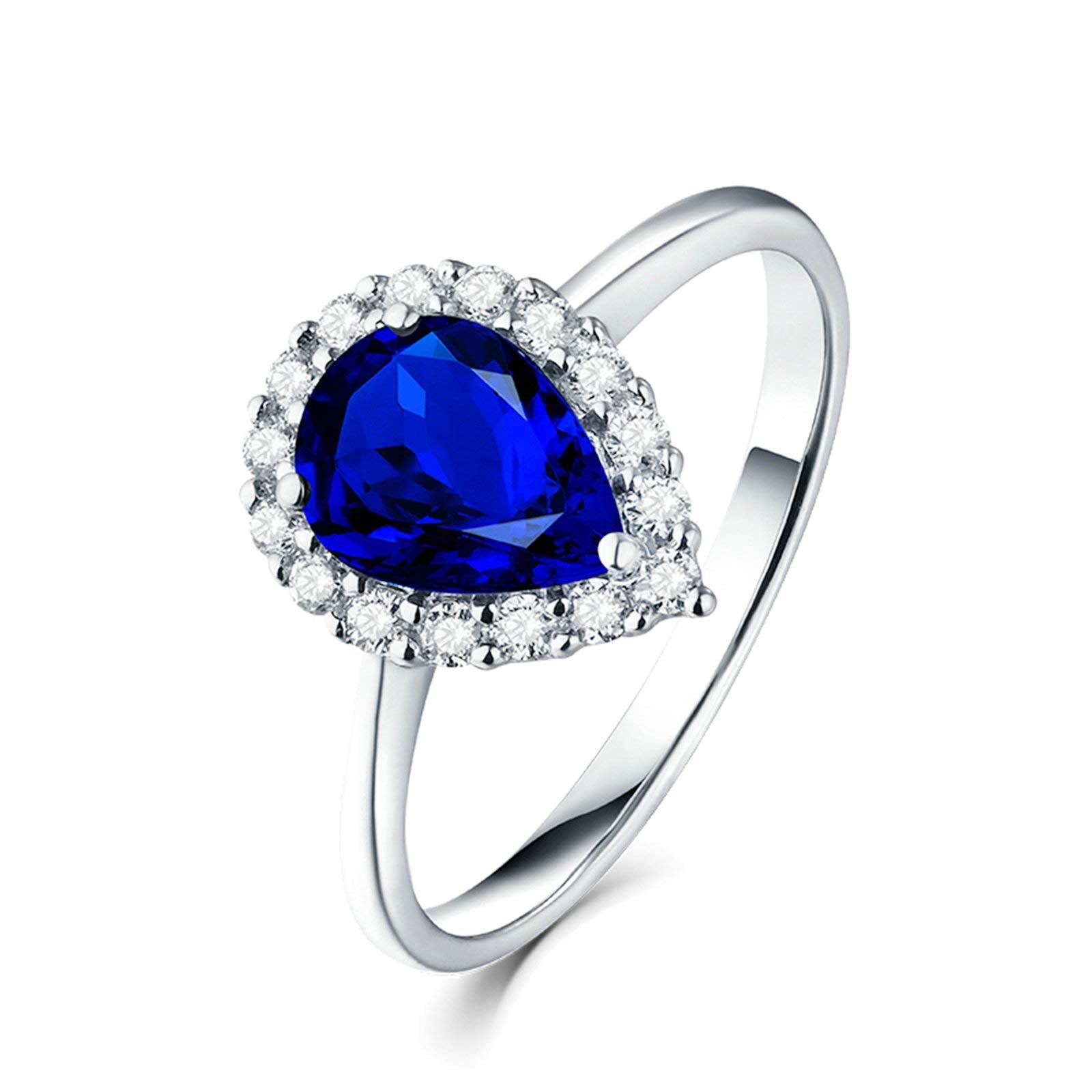 Aienid 18Ct White Gold Women Ring Big Teardrop Pear Cut Sapphire with White Diamond Wedding Rings for Women