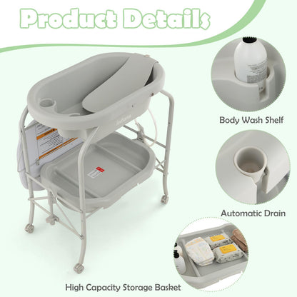 INFANS 2 in 1 Baby Changing Table with Bath Tub Unit, Folding Diaper Dresser Station with Wheels Waterproof Pad Storage Rack, Portable Nursery Organizer Stand for Newborn Infant