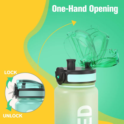 Sahara Sailor Trinkflasche, 950ml Motivations-Sportflasche mit Zeitmarkierung – Trinkzeiten – Tritan, BPA-frei, weite Öffnung auslaufsicher, Fast-Flow-Technologie mit Reinigungsbürste (1 Flasche)