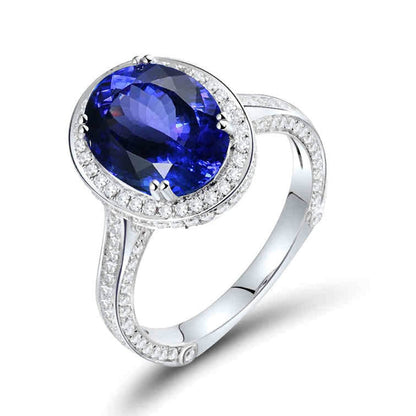 18K White Gold Ring 3.2ct Oval Shape Tanzanite with 0.73ct Diamond Wedding Band for Girls