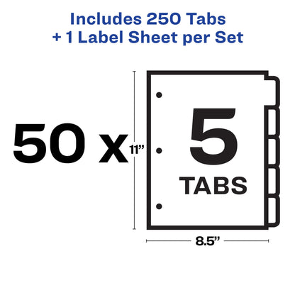 Avery 5 Tab Dividers for 3 Ring Binder, Easy Print & Apply Clear Label Strip, Index Maker Customizable White Tabs, 50 Sets (11556)