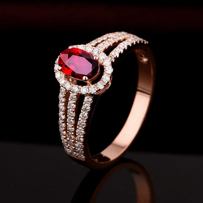Aienid 18Ct Rose Gold Engagement Rings for Women Gold Diamond 0.45Ct Three Lines with Round Diamond and Oval Ruby Wedding Rings for Women