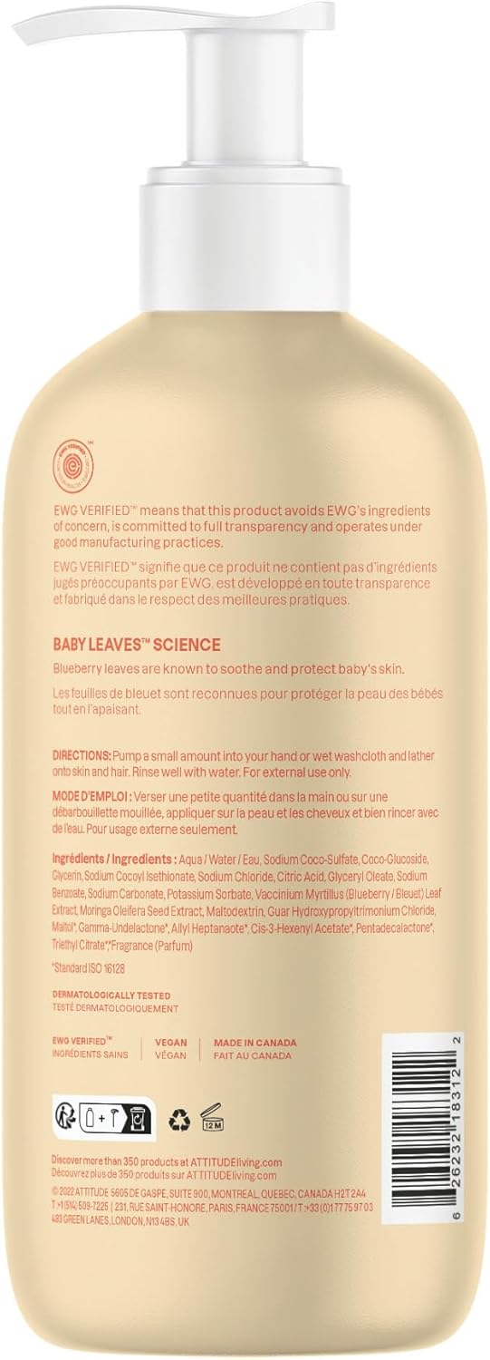 ATTITUDE Baby 2-in-1 Shampoo and Body Wash, Made in Canada, EWG Verified, Dermatologically Tested, Vegan, Pear Nectar, 473 mL